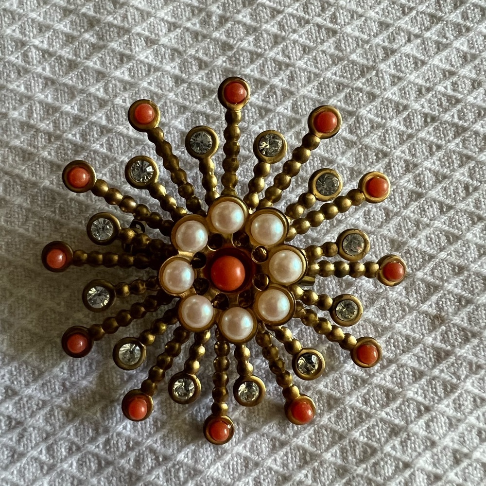 Vintage Costume Gold, Pearl, Crystal and Coral Star Burst Brooch